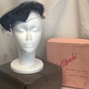 Vintage 1960s Bon Marché Black Veiled Cocktail Hat | Palm Royale | Box